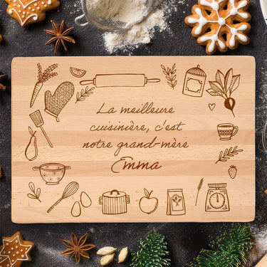 Planche à découper massive cadeau avec gravure, motif ustensiles de cuisine 